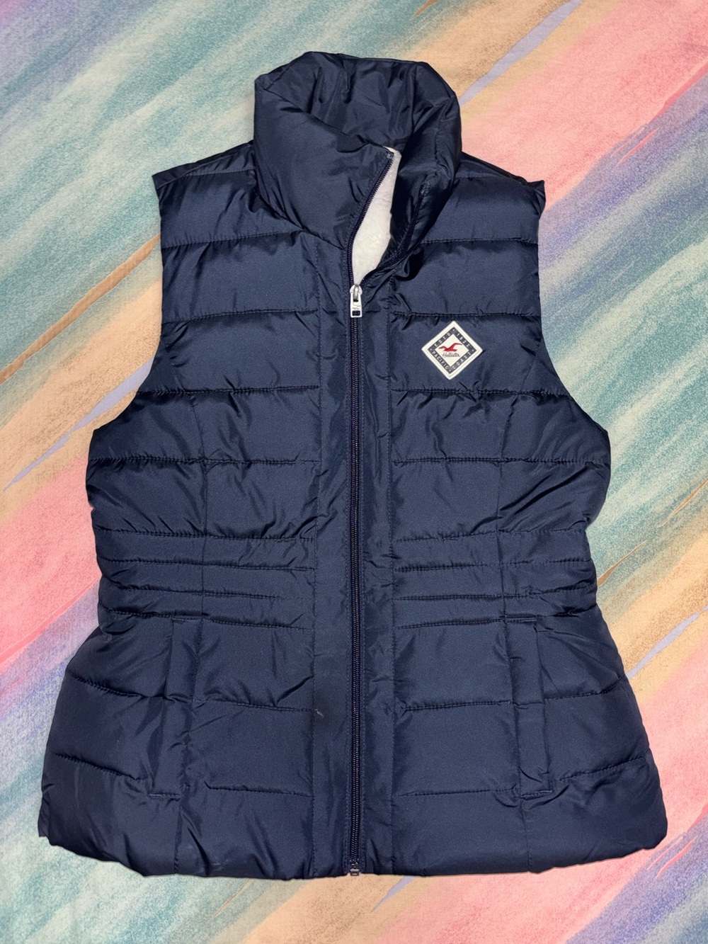 Hollister Navy Blue Sleeveless Chest Logo Sherpa Fleece Lined Puffer Vest Jacket